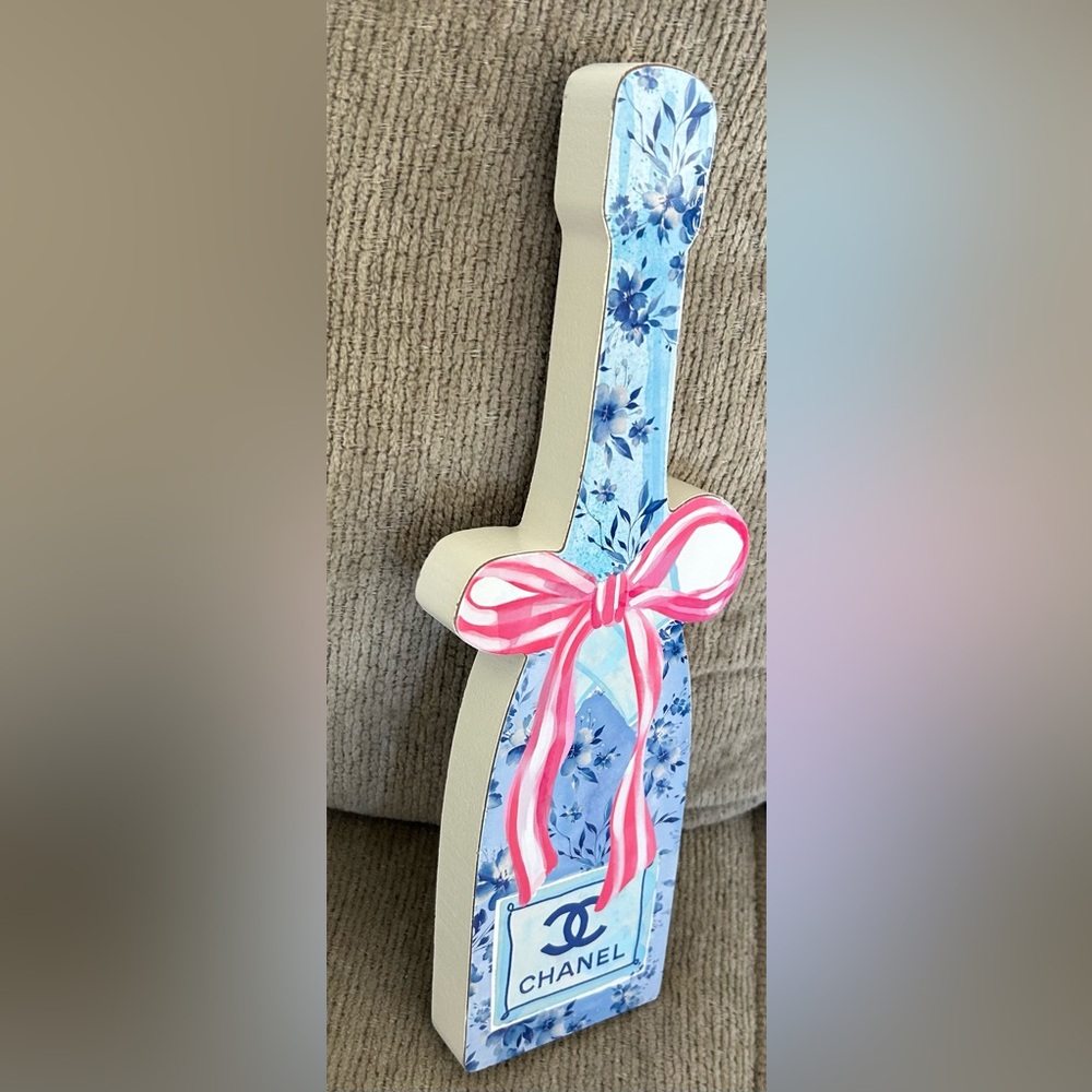 Chanel Floral Champagne Bottle Wall Home Decor Blue Pink Bow luxury Art NWT - Picture 5 of 7